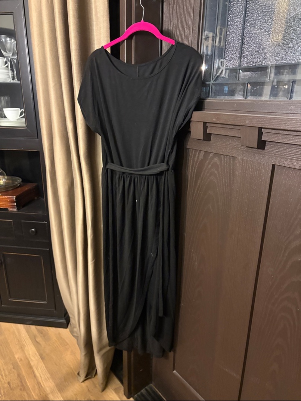 Classic Black Women’s Midi Dress with Waist Tie